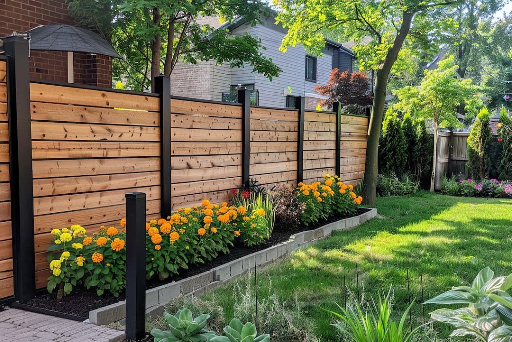 a fence with flowers and trees in the background